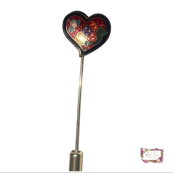 Vintage Heart Shaped Cloisonné Floral & Butterfly Stick Pin - Picture 9 of 14